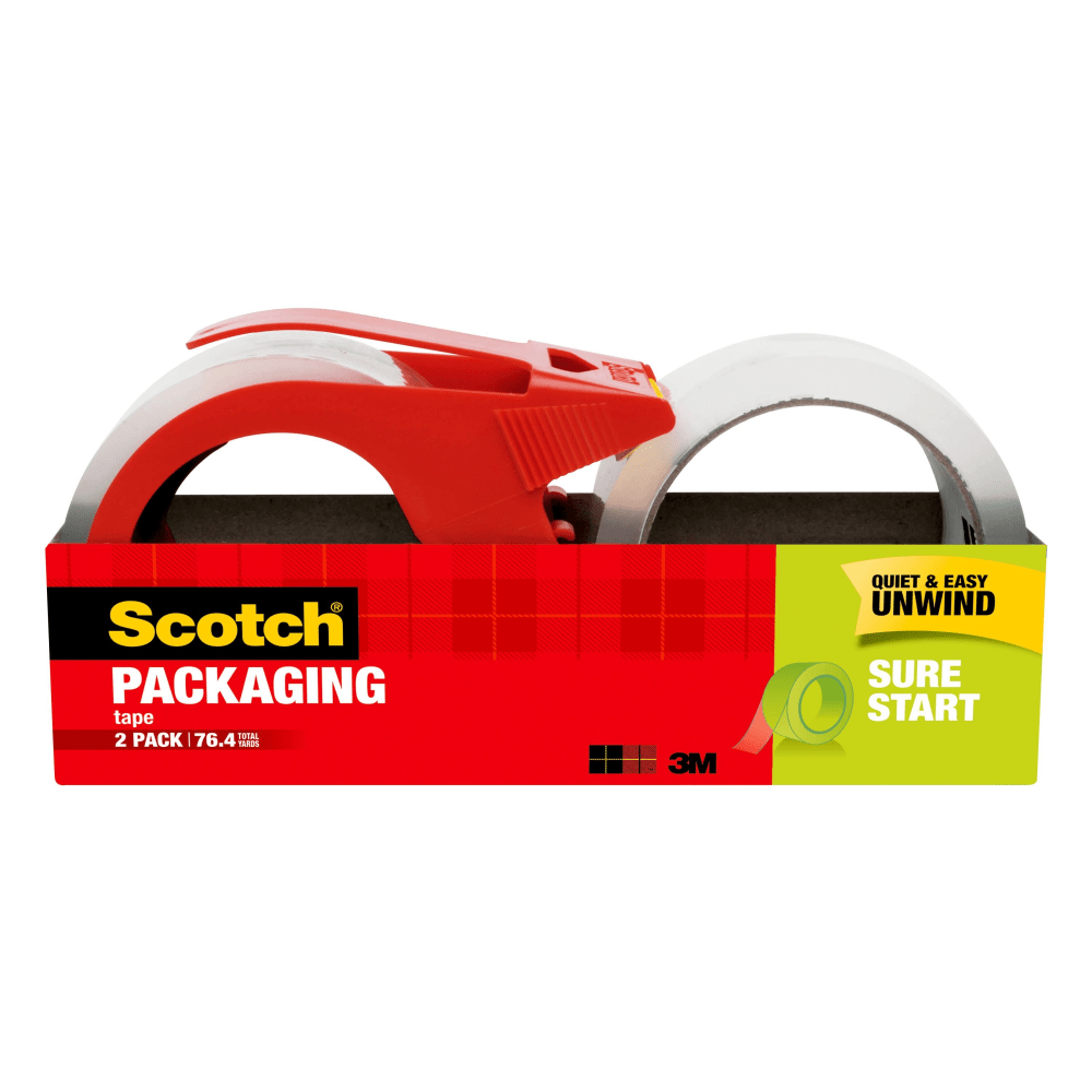 Scotch Sure Start Shipping Packaging Tape, 1.88 in x 38.2 yd, 2 Tape Dispenser Rolls, Quiet Unwind and Easy Start, Packaging Tape for Shipping