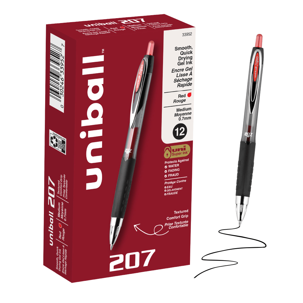 uniball 207 Retractable Gel Pens, 0.7mm Medium Point, Red Ink, 12 Count