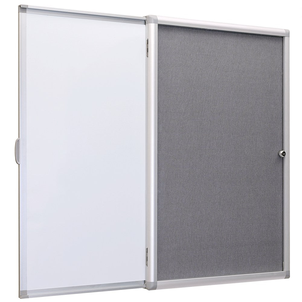 Excello Wall-Mounted Enclosed Sliding Magnetic Dry-Erase Cork Bulletin Combo Board, 36in x 24in, White/Gray, Silver Brushed Metal Frame