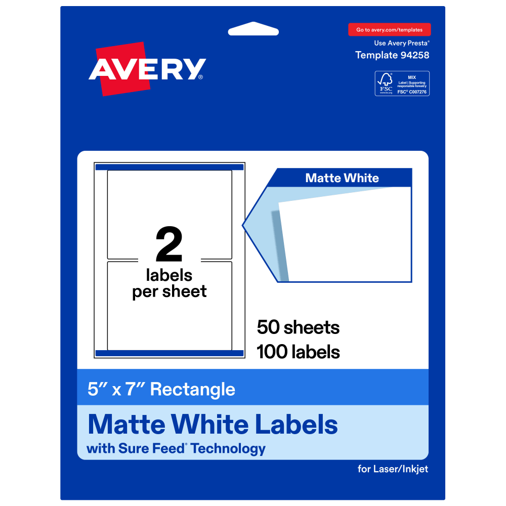 Avery Permanent Labels With Sure Feed, 94258-WMP50, Rectangle, 5in x 7in, White, Pack Of 100
