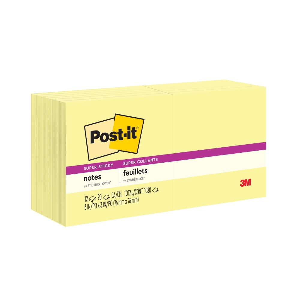 Post-it Super Sticky Notes, 3 x 3 in, 16 Sticky Note Pads, 90 Sheets/Pad, 2X the Sticking Power, School Supplies and Office Products, Canary Yellow