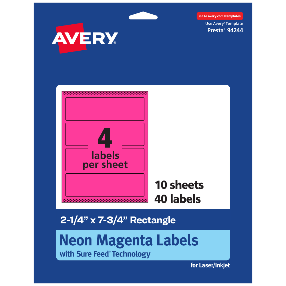 Avery Print-To-The-Edge Labels With Sure Feed Technology, 94244-NMP10, Rectangle, 2-1/4in x 7-3/4in, Matte Neon Magenta, Pack of 40