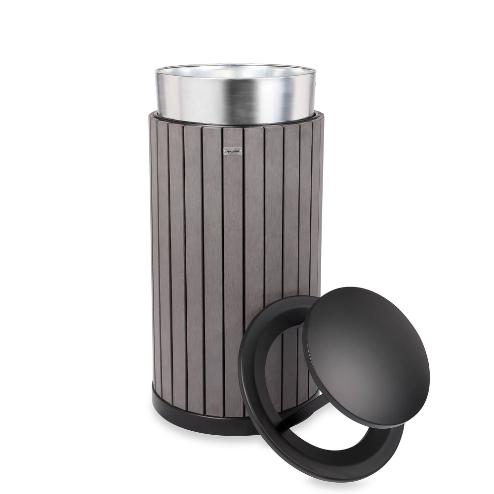 Alpine Slatted Recycled Plastic Panel Round Outdoor Trash Can with Rain Bonnet Lid, 32 Gallon, 33-7/8inH x 20inW x 20D, Gray