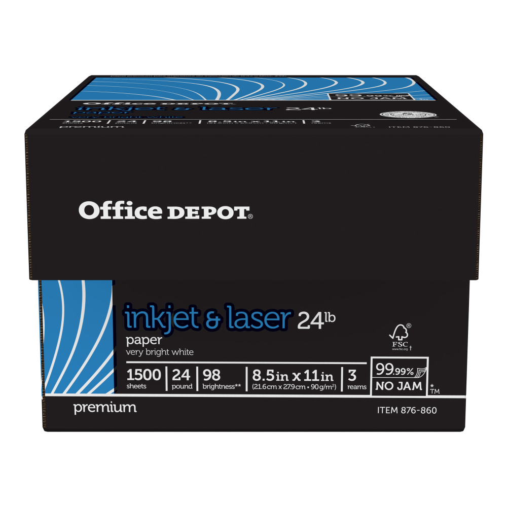 Office Depot Inkjet Or Laser Paper, 3 Reams, White, Letter Size Paper, 500 Sheets Per Ream, 24 Lb, 98 Brightness