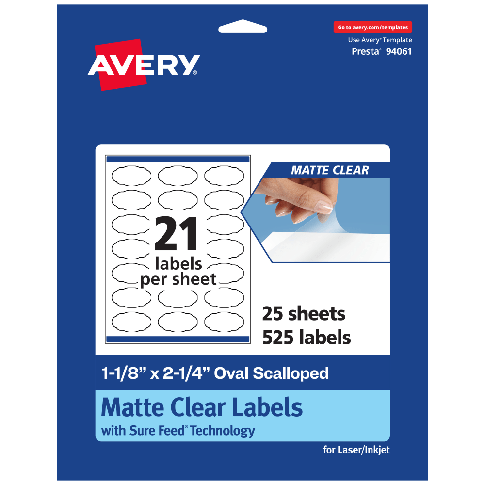 Avery Permanent Labels With Sure Feed, 94061-CMF25, Oval Scalloped, 1-1/8in x 2-1/4in, Matte Clear, Pack Of 525