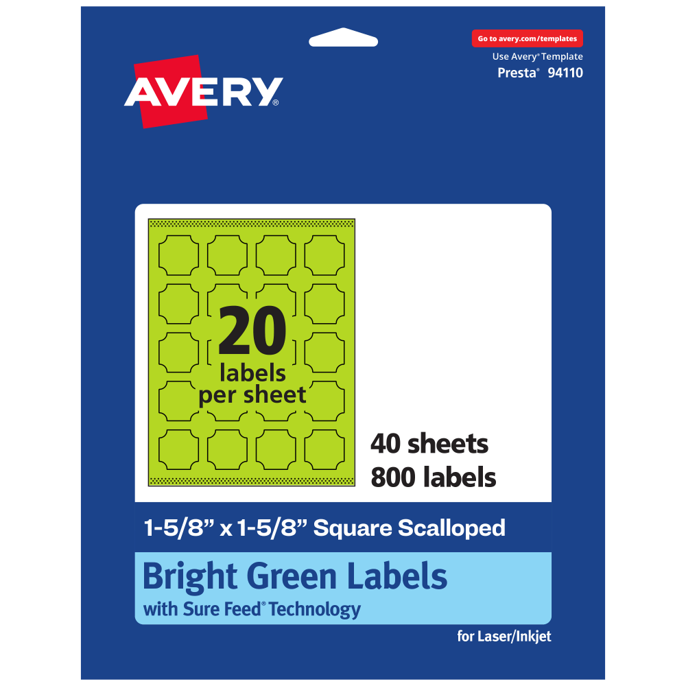Avery Print-To-The-Edge Labels With Sure Feed Technology, 94110-BGP40, Square Scalloped, 1-5/8in x 1-5/8in, Matte Bright Green, Pack of 800