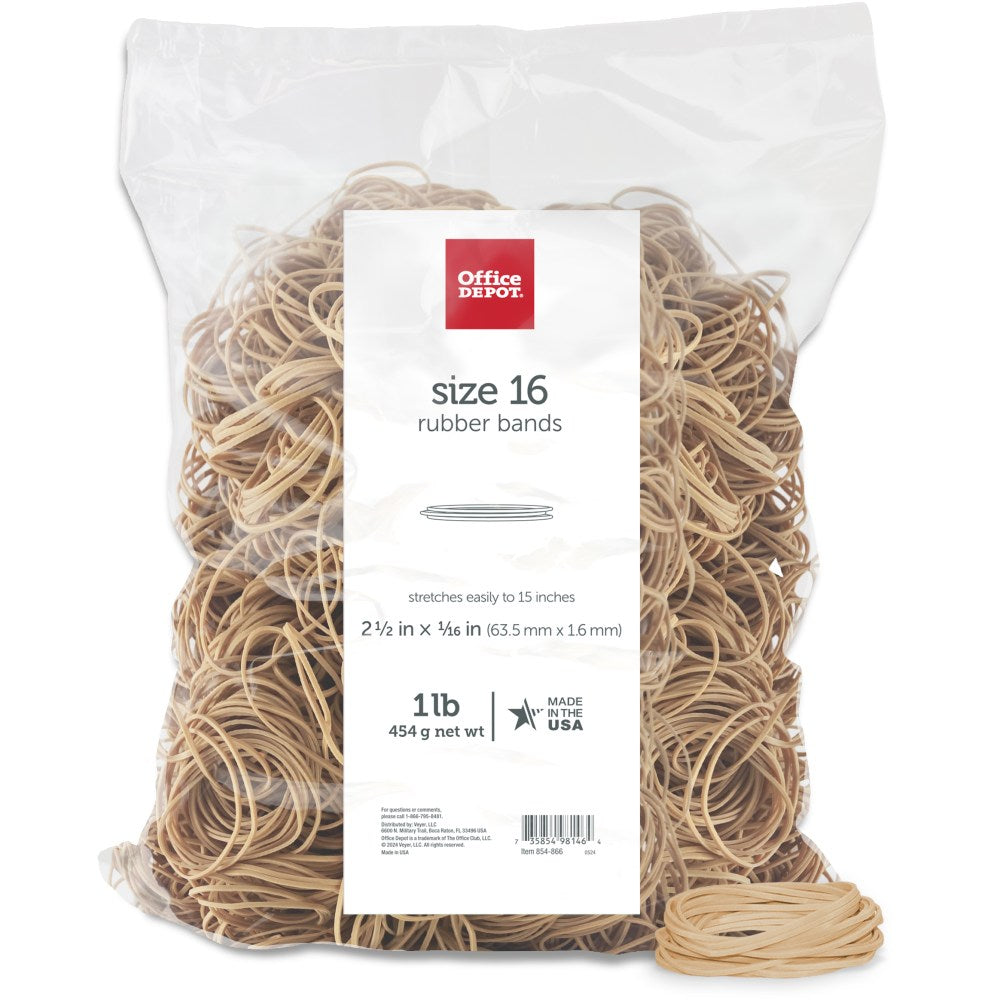 Office Depot Brand Rubber Bands, #16, 2-1/2in x 1/16in, Crepe, 1-Lb Bag, Approx 2,300 per Bag