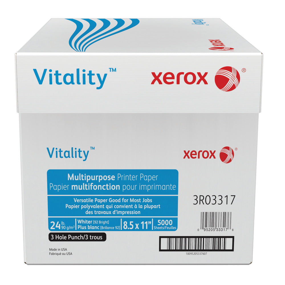 Xerox Vitality 3-Hole Punched Multi-Use Printer & Copy Paper, 10 Reams, White, Letter Size, 5000 Sheets Per Case, 24 Lb, 92 Brightness - 3R3317