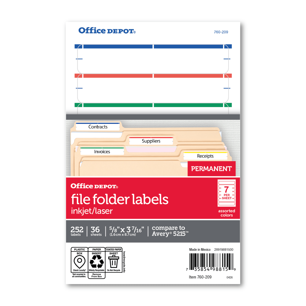 Office Depot Brand Print-Or-Write Color Permanent File Folder Labels, OD98815, Rectangle, 5/8in x 3 1/2in, Assorted Colors, Pack Of 252