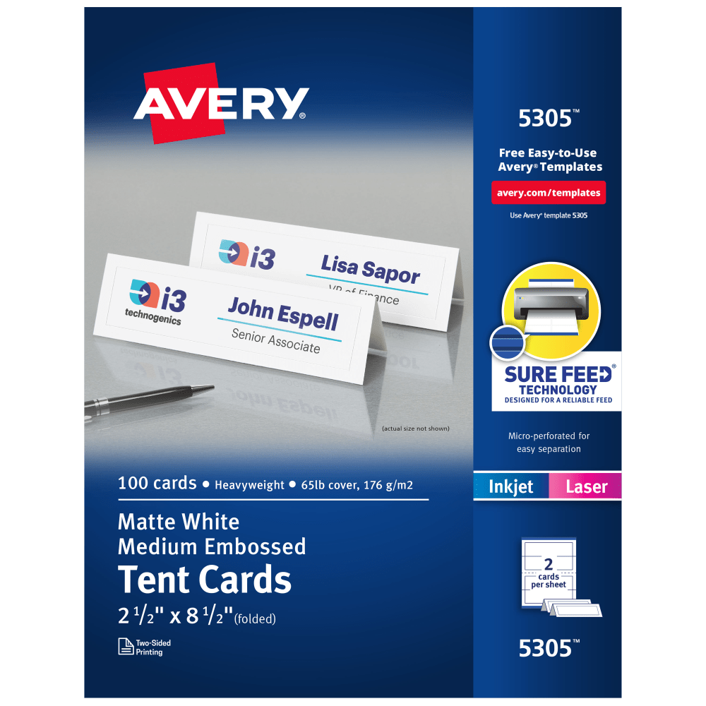 Avery Printable Tent Cards With Sure Feed Technology, 2 1/2in x 8 1/2in, White With Embossed Border, Pack Of 100 Cards