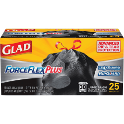 Glad ForceFlex Drawstring Trash Bags, 1.05 mil, 30 Gallons, Black, Box Of 25