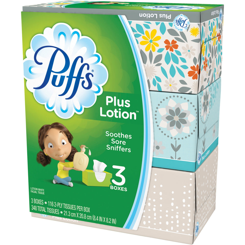 Puffs Plus Lotion Facial Tissues, 2 Ply, White, 116 Sheets, Case Of 3 Boxes