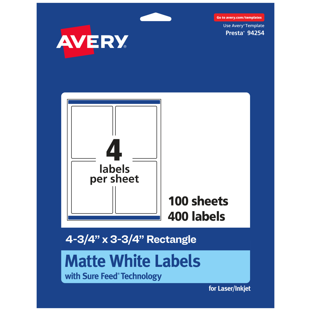 Avery Permanent Labels With Sure Feed, 94254-WMP100, Rectangle, 4-3/4in x 3-3/4in, White, Pack Of 400