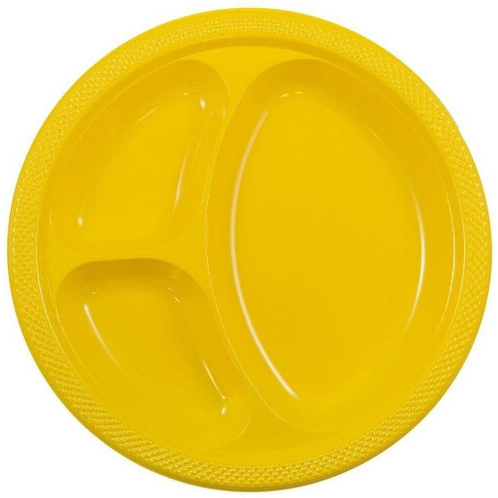 JAM PAPER Plastic 3 Compartment Divided Plates, Large, 10 1/4 inch, Yellow, 20/Pack