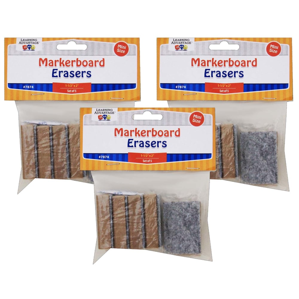 Learning Advantage Mini Markerboard Erasers, Brown/Gray, 2in x 1-1/2in, 5 Erasers Per Pack, Set Of 3 Packs