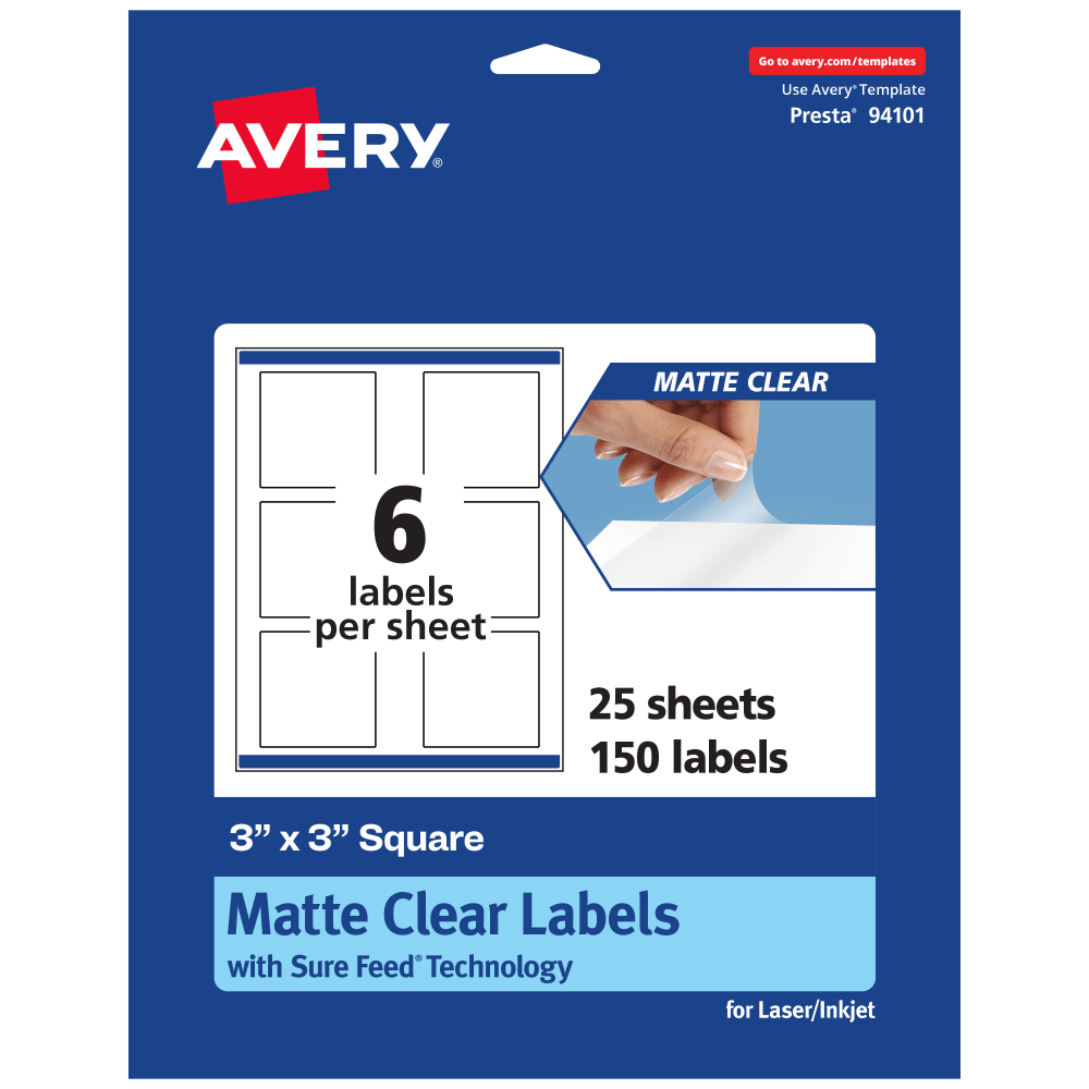 Avery Permanent Labels With Sure Feed, 94101-CMF25, Square, 3in x 3in, Matte Clear, Pack Of 150