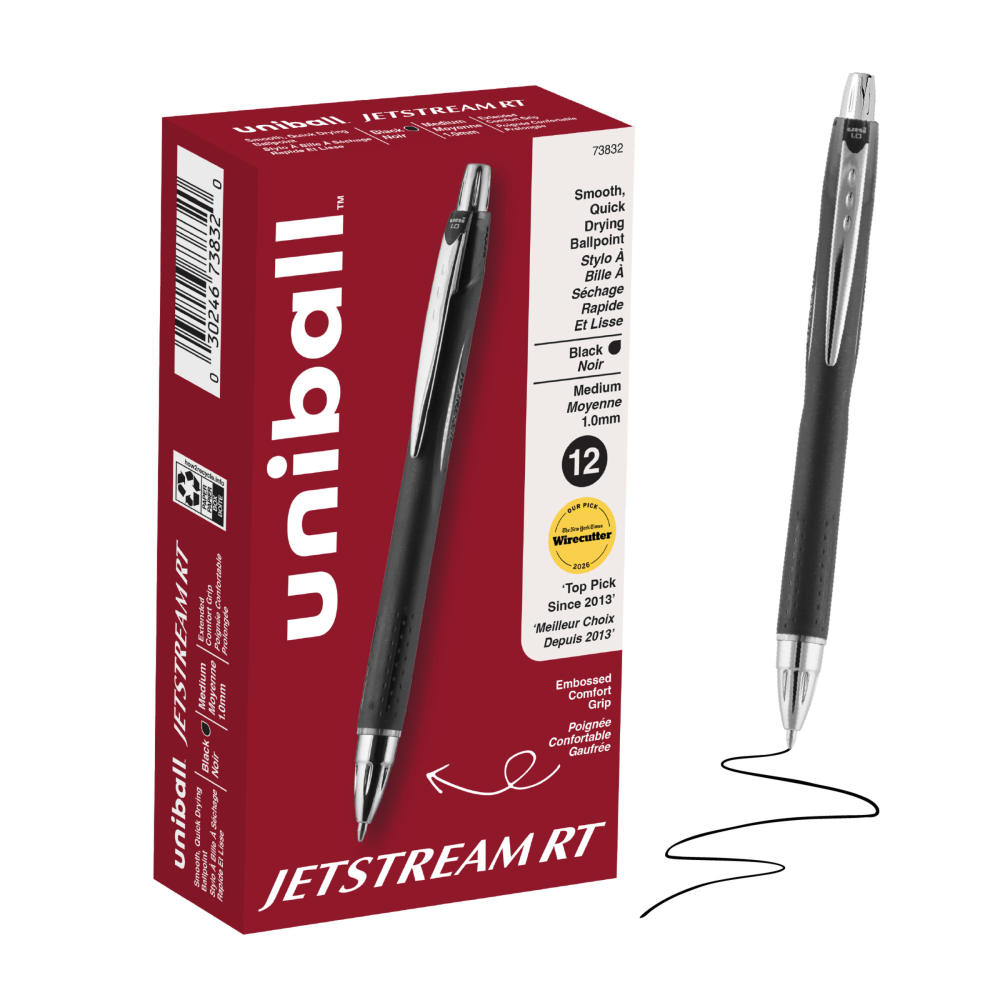uniball Jetstream RT Retractable Ballpoint Pens, Medium Point, 1.0 mm, Black Ink, Pack of 12