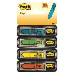 Post-it Flags, .47 x 1.7 in, 4 Dispensers, 20 Flags/Dispenser, Assorted Bright Colors, "Sign & Date", Back to School Supplies for Students