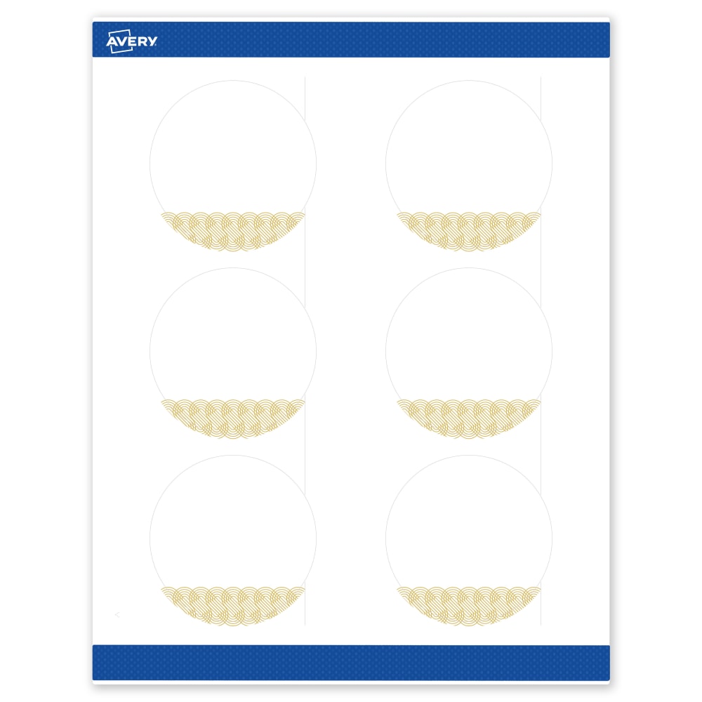 Avery Printable Labels With Sure Feed Technology, S00-EWX, Round, 3in, Matte White With Preprinted Gold Lace Trim Pattern, Pack Of 60