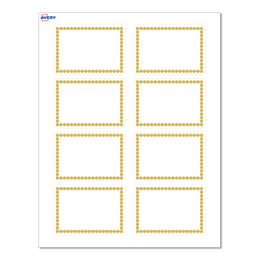 Avery Printable Adhesive Name Badges With Preprinted Designs, Rectangle, S00-EY1, 2-1/3in x 3-3/8in, Matte White With Gold Beads Design, Pack Of 80
