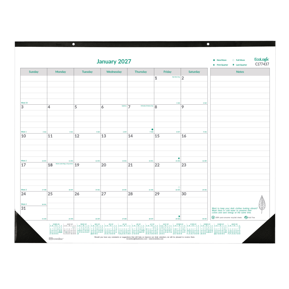 2027 Brownline EcoLogix Monthly Desk Pad Calendar, 22in x 17in, 100% Recycled, Green/White, January to December, C177437, Total Qty 1