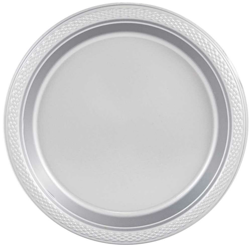 JAM PAPER Round Plastic Party Plates, Small, 7 inch, Silver, 20/Pack