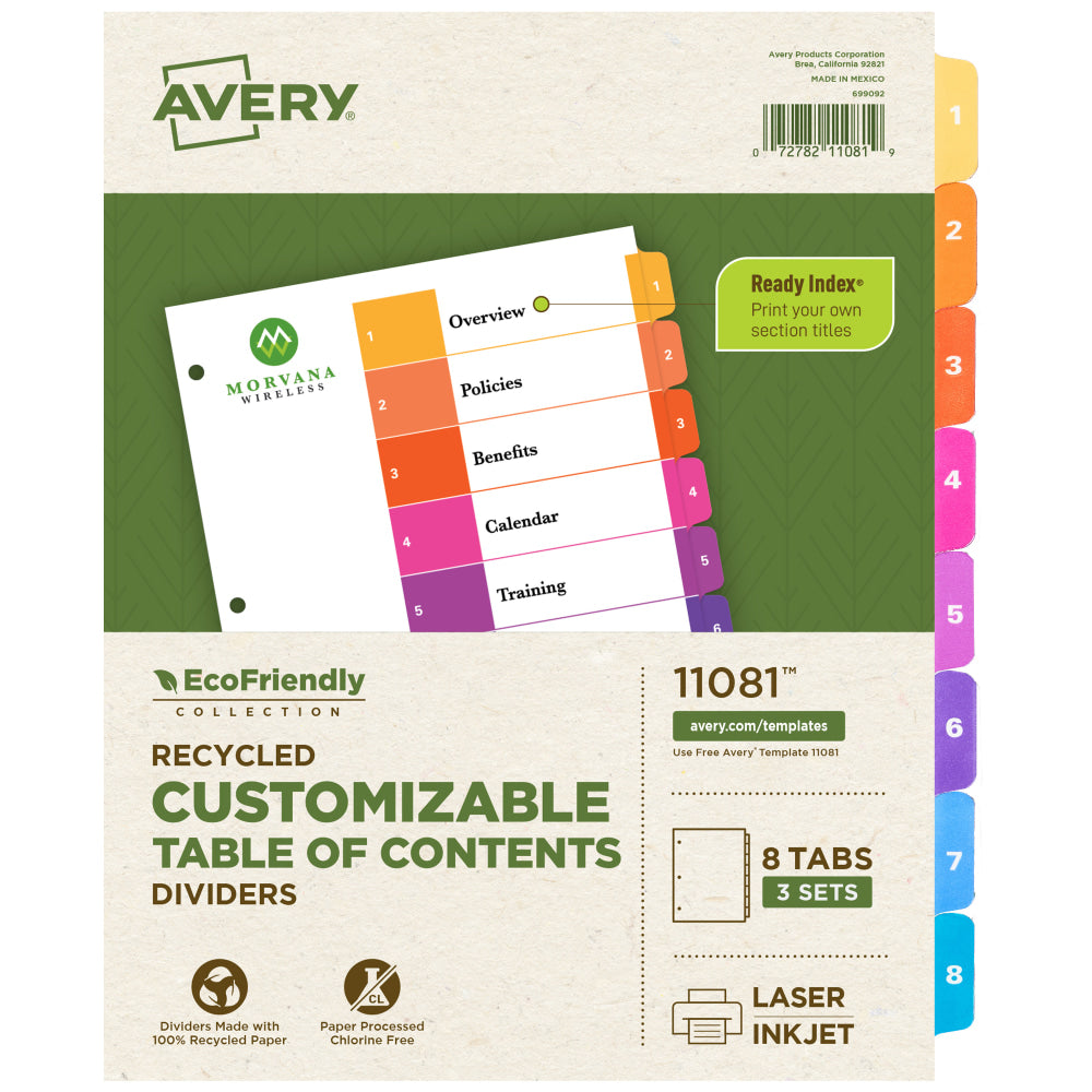 Avery Ready Index 1-8 Tabs & Customizable Table Of Contents, Letter Size, White Dividers/Multicolor Tabs, 3 Sets - 11081