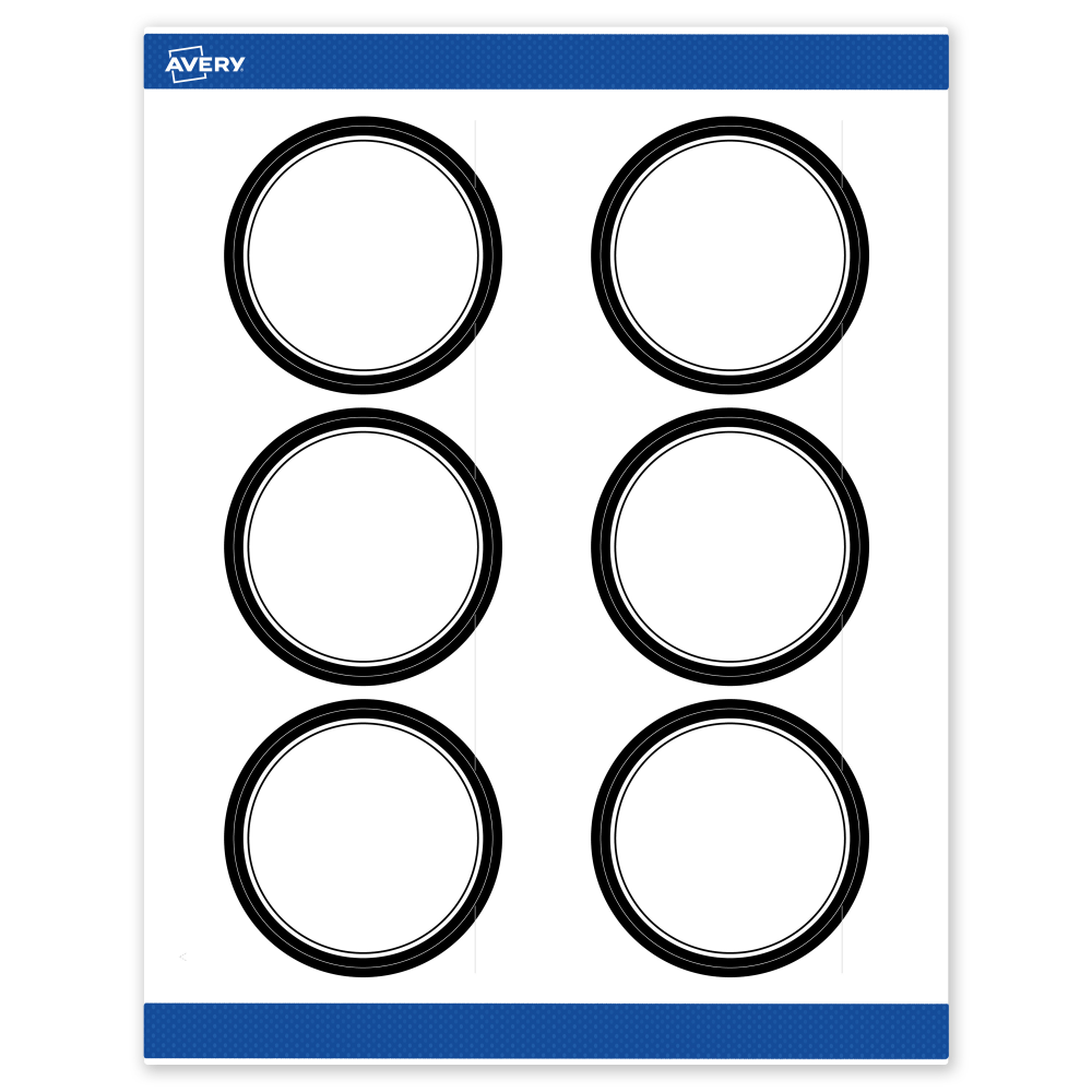 Avery Print-To-The-Edge Labels With Sure Feed Technology, S00-DM1-PRWMP10, Round, 3in, Matte White, Preprinted Double Black Border Design, Pack Of 60