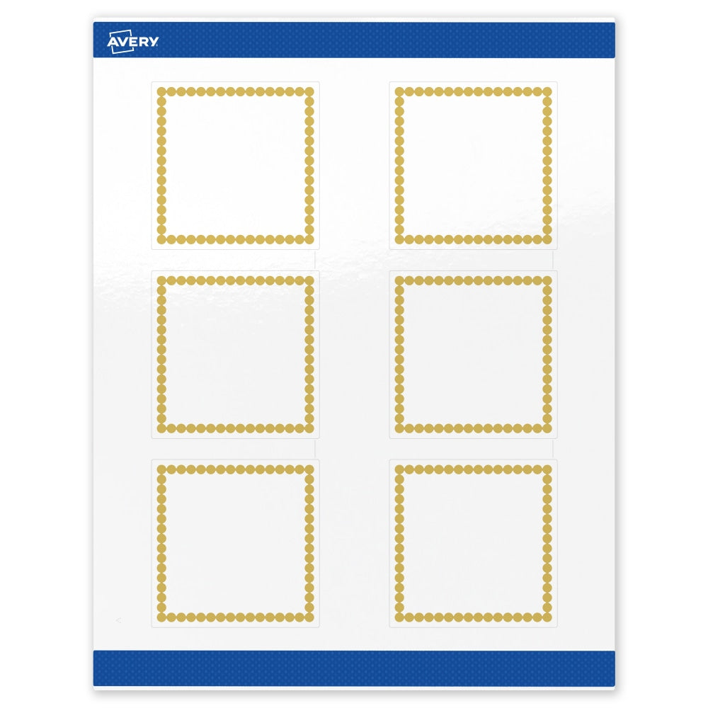 Avery Print-To-The-Edge Labels With Sure Feed Technology, S00-DJB-PRWGP10, Square, 3in x 3in, Glossy White, Preprinted Gold Beads Design, Pack Of 60
