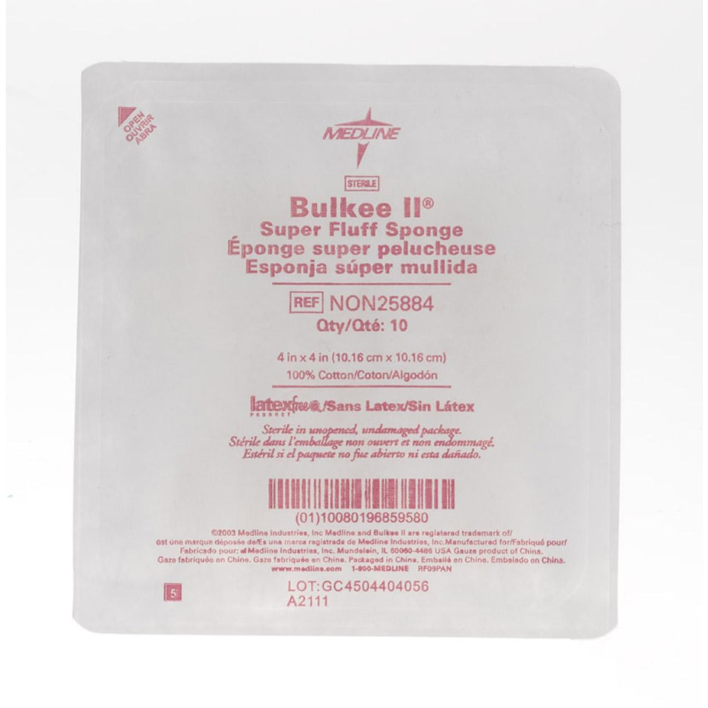 Medline Bulkee Super Fluff Sterile Sponges, 4in x 4in, White, 10 Sponges Per Tray, Case Of 128 Trays