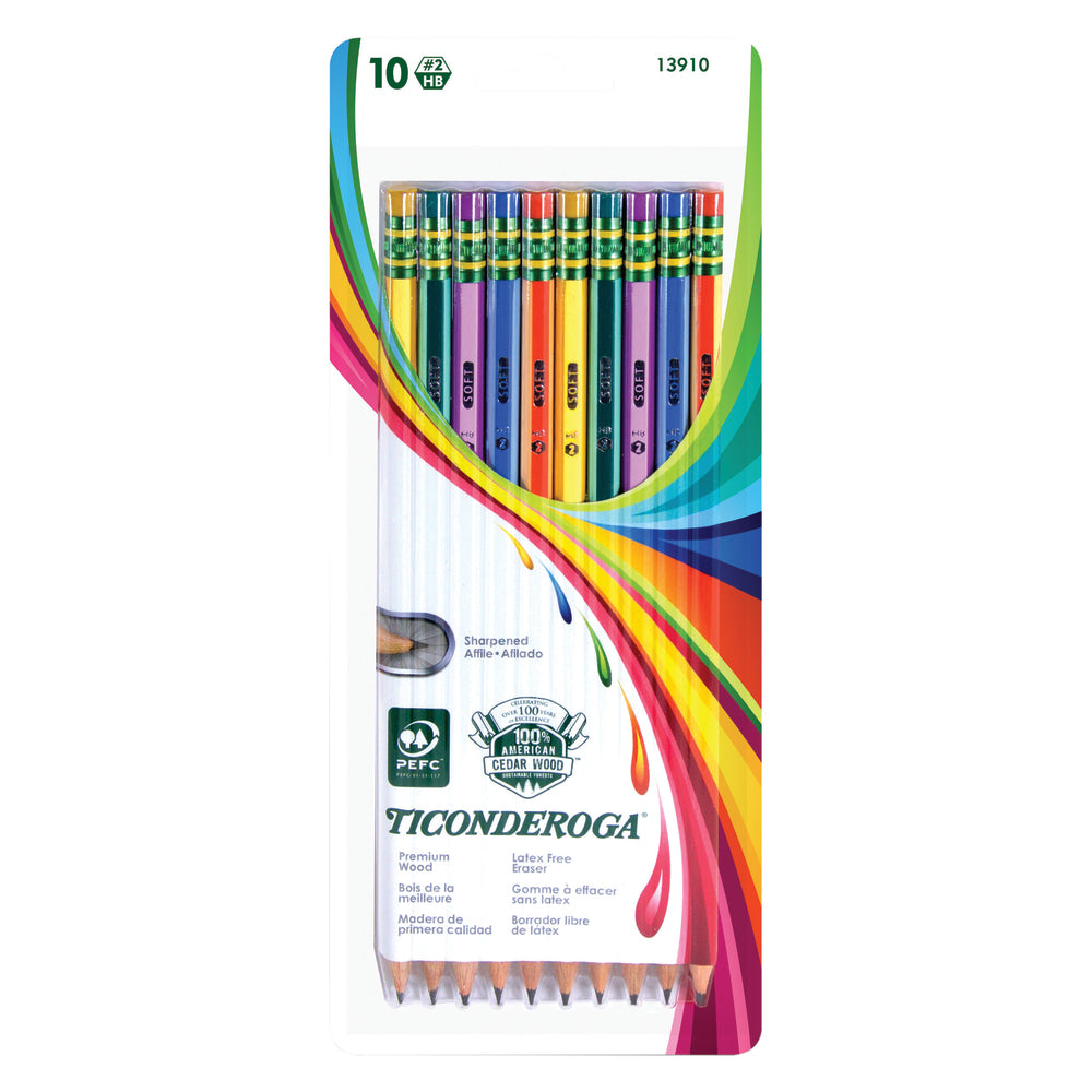 Ticonderoga Striped Wood Pencils, #2 Soft Lead, Pre-sharpened, Assorted Colors, Pack Of 10