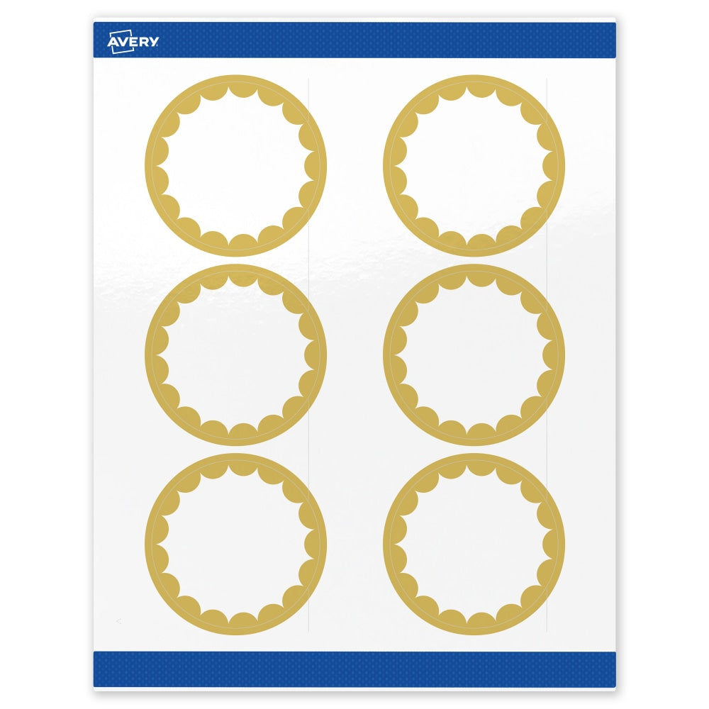 Avery Print-To-The-Edge Labels With Sure Feed Technology, S00-DK0-PRWGP10, Round, 3in, Glossy White, Preprinted Gold Dots Edge Design, Pack Of 60