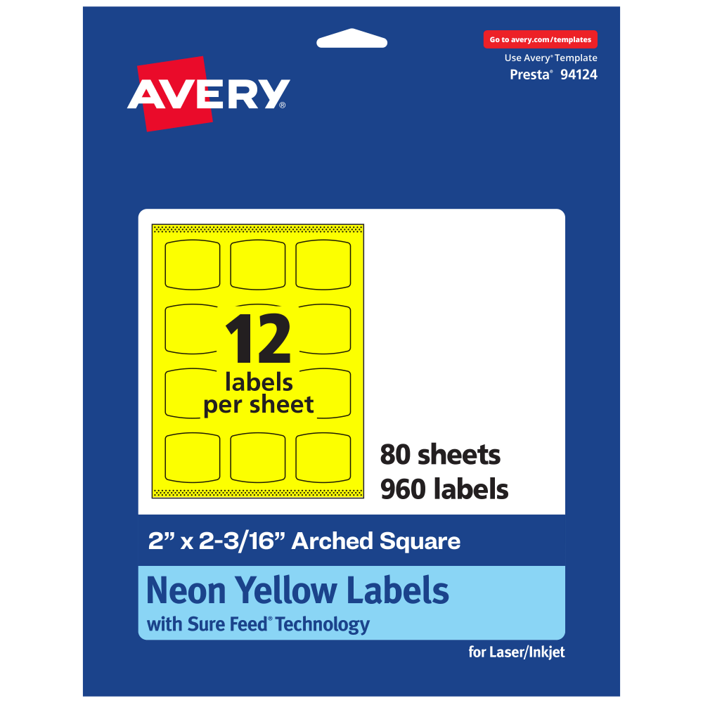 Avery Print-To-The-Edge Labels With Sure Feed Technology, 94124-NYP80, Arched Square, 2in x 2-3/16in, Matte Neon Yellow, Pack of 960