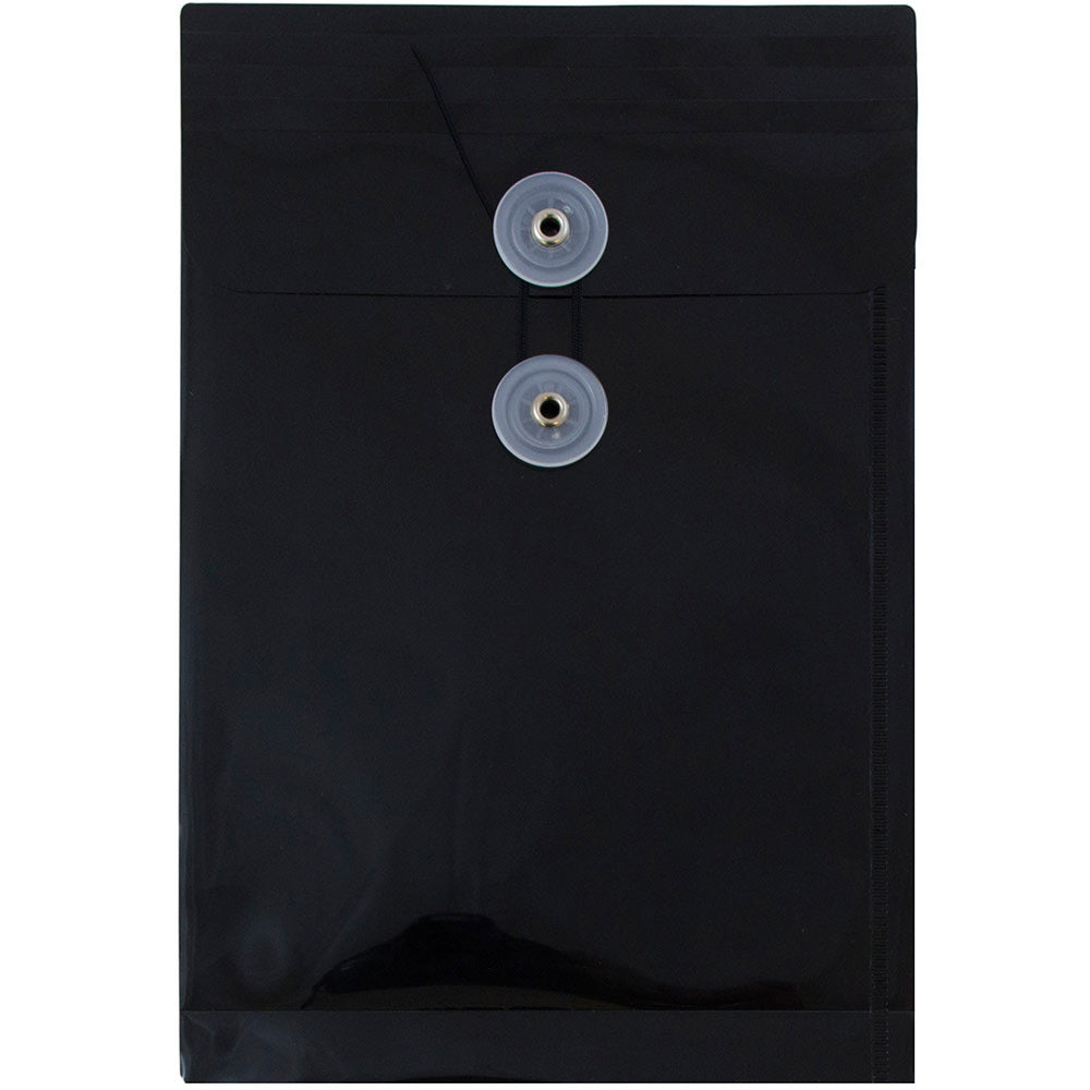 JAM Paper Open-End Plastic Envelopes, 6 1/4in x 9 1/4in, Button & String Closure, Black, Pack Of 12