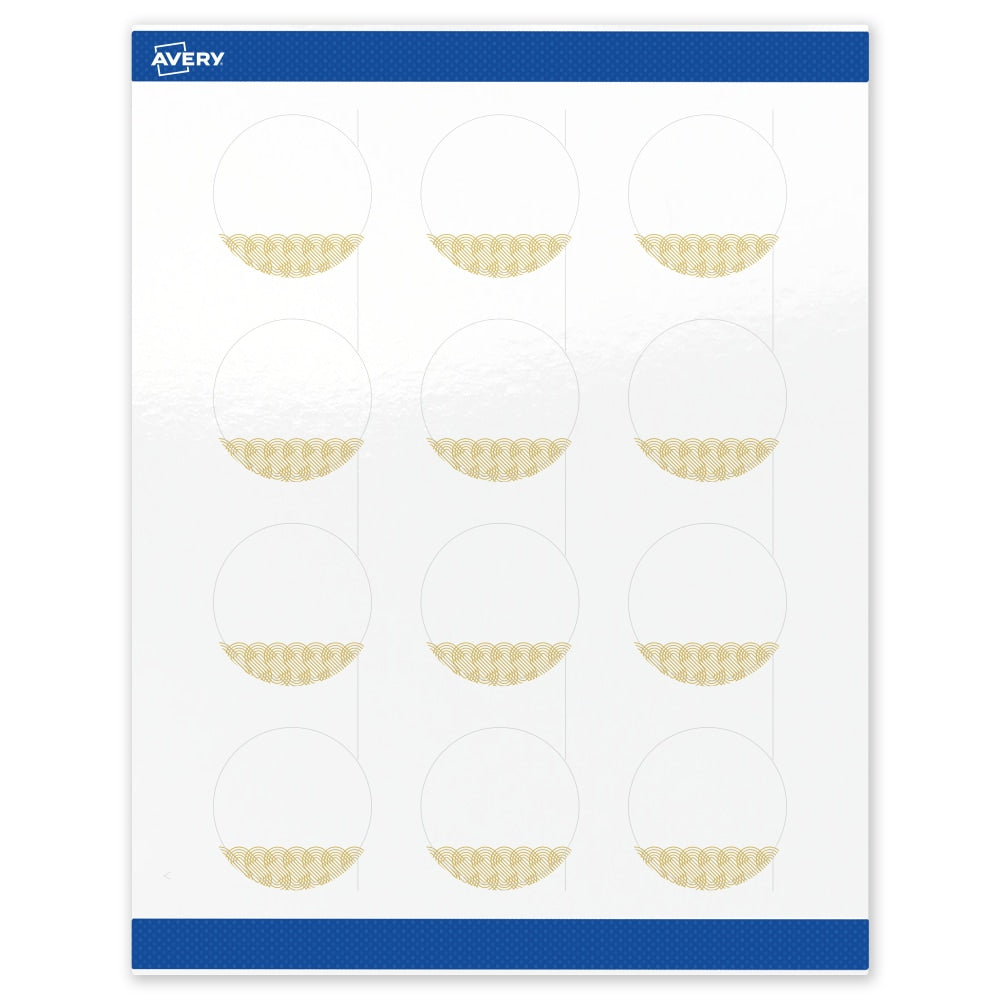 Avery Printable Labels With Sure Feed Technology, S00-EWW, Round, 2in, Glossy White With Preprinted Gold Lace Trim Pattern, Pack Of 120