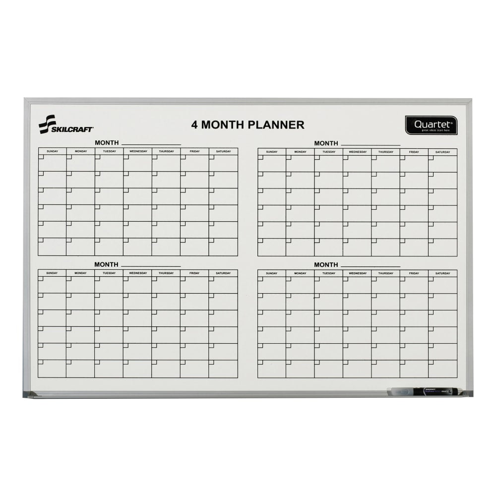 SKILCRAFT Dry-Erase 4 Month Planner Whiteboard, 24in x 36in, Aluminum Frame With Silver Finish (AbilityOne 7110 01 555 0295)