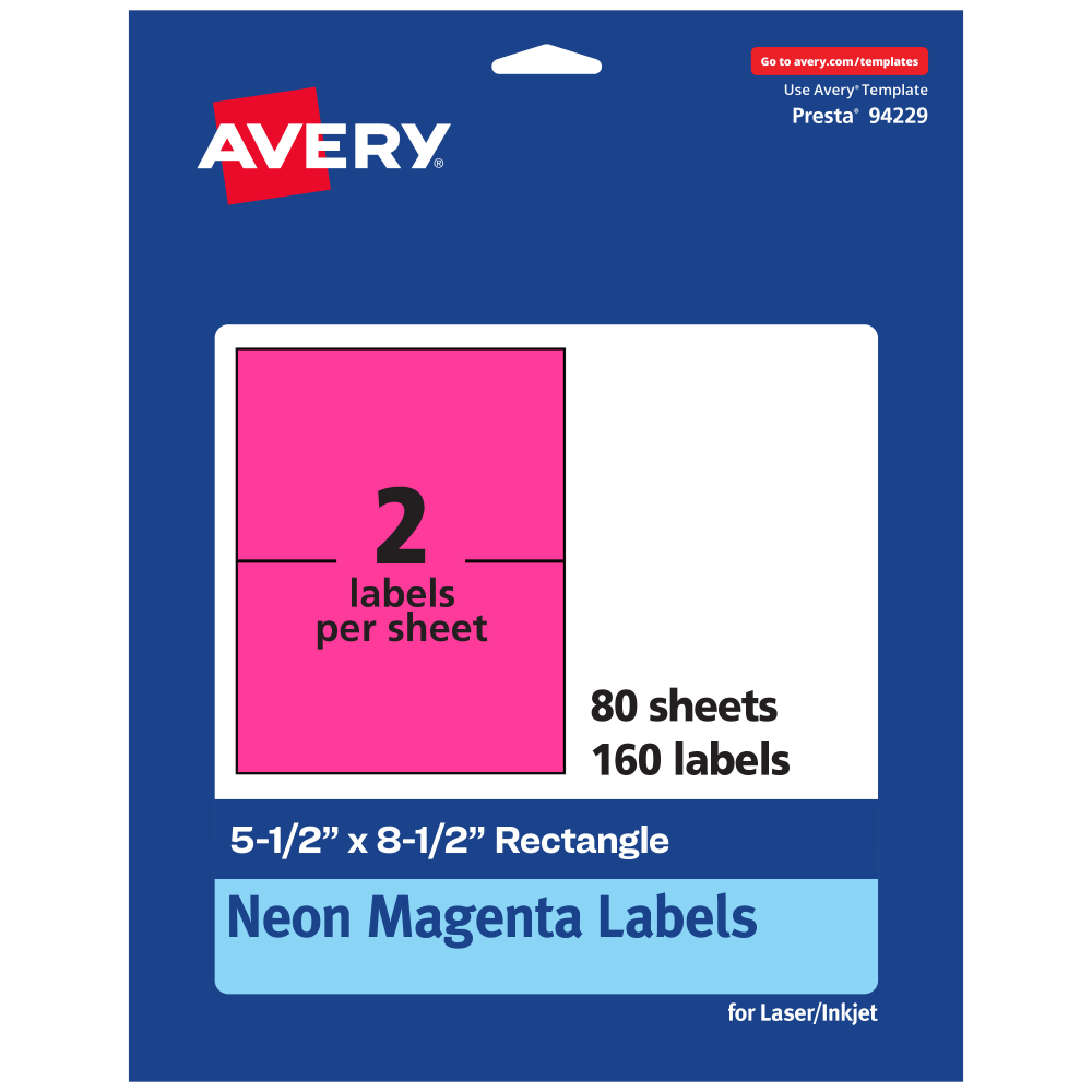 Avery Printable Labels, 94229-NMP80, Rectangle, 5-1/2in x 8-1/2in, Matte Neon Magenta, Pack of 160