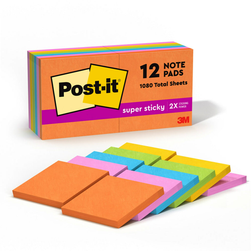 Post-it Super Sticky Notes, 3 x 3 in, 12 Sticky Note Pads, 90 Sheets/Pad, 2x the Sticking Power, Back to School Supplies, Energy Boost