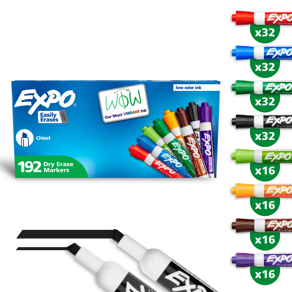 EXPO Low-Odor Dry-Erase Markers, Chisel Tip, Assorted Colors, Pack Of 192