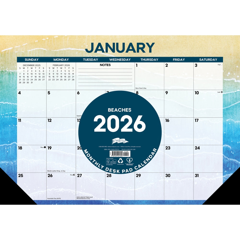 2026 Willow Creek Press Monthly Desk Pad Calendar, 12in x 17in, Beaches, January To December, 57070