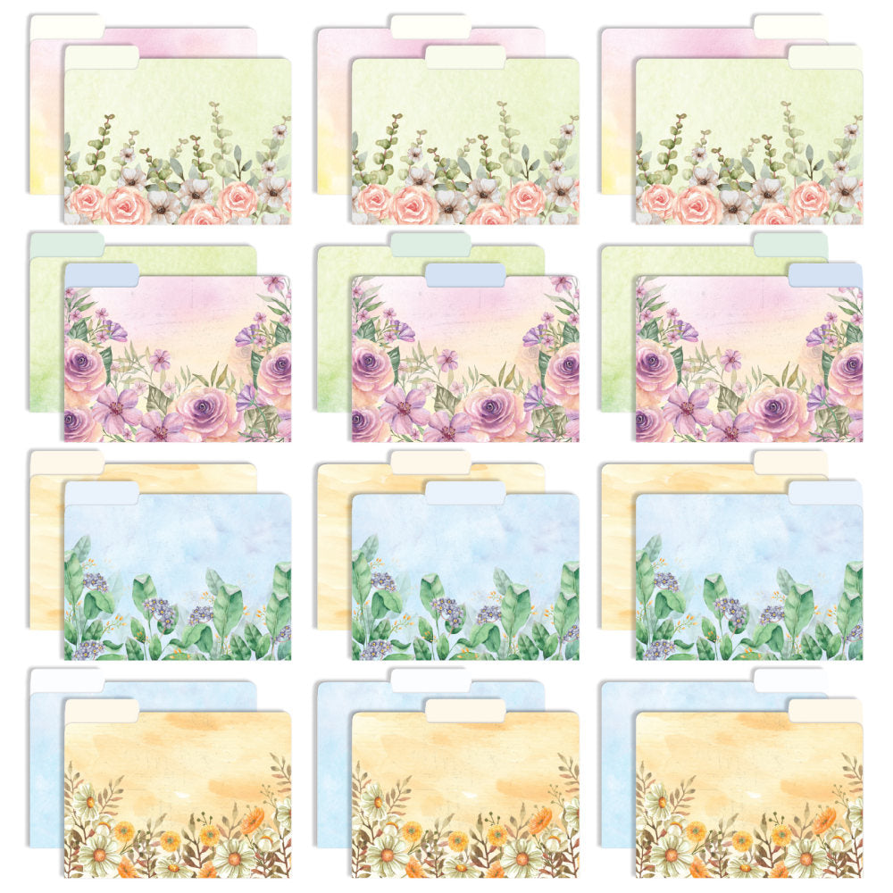 Global Deluxe Designer Printed File Folders, 1/3 Cut, Letter Size, Assorted Watercolor Floral, Pack Of 24 Folders