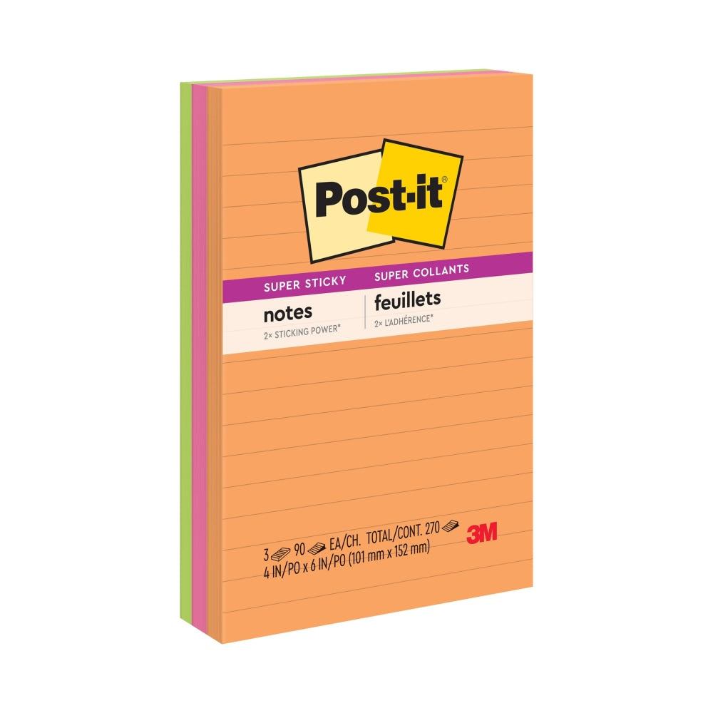 Post-it Super Sticky Notes, 4 x 6 in, 3 Lined Sticky Note Pads, 90 Sheets/Pad, 2X the Sticking Power, School Supplies and Office Products