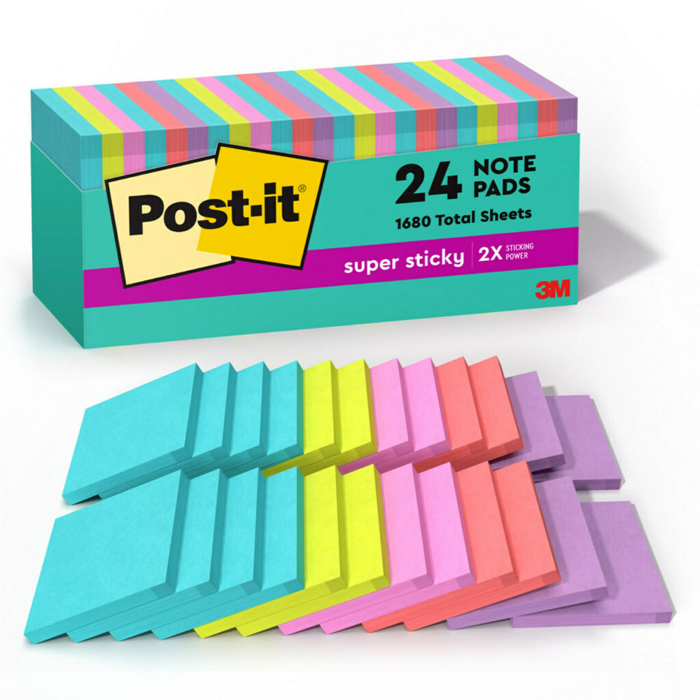Post-it Super Sticky Notes, 3 x 3 in, 24 Bulk Sticky Note Pads, 70 Sheets/Pad, 2X the Sticking Power, School Supplies, Supernova Neons