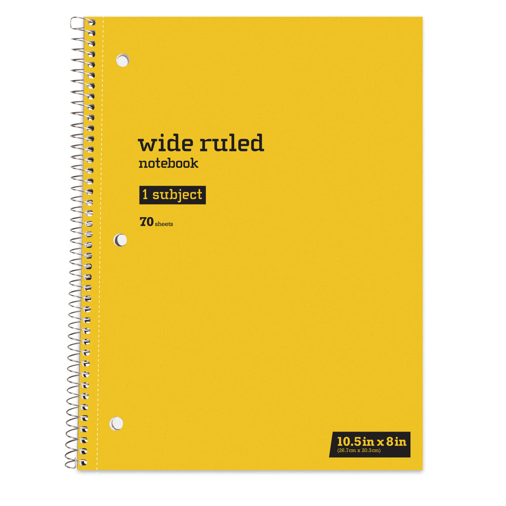 Just Basics Spiral Notebook, 8in x 10-1/2in, Wide Ruled, 70 Sheets, Yellow