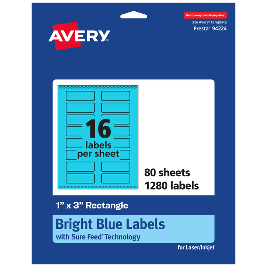 Avery Print-To-The-Edge Labels With Sure Feed Technology And Easy Peel, 94224-BBP80, Rectangle, 1in x 3in, Matte Bright Blue, Pack of 1280