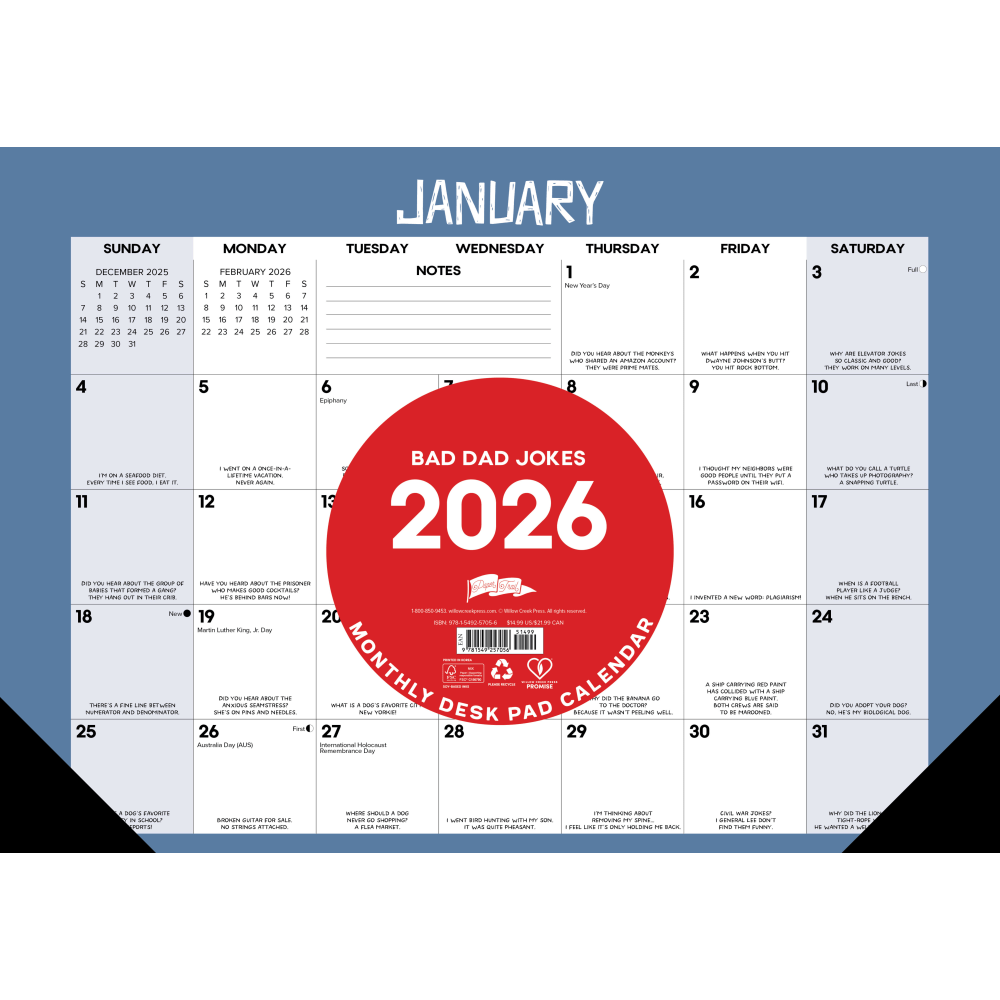 2026 Willow Creek Press Monthly Desk Pad Calendar, 12in x 17in, Bad Dad Jokes, January To December, 57056