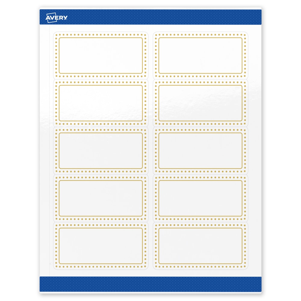 Avery Printable Labels & Sure Feed, S00-DJ5-PRWGP10, 2in x 4in, Glossy White, Preprinted Gold Border & Gold Dots Design, Pack Of 100