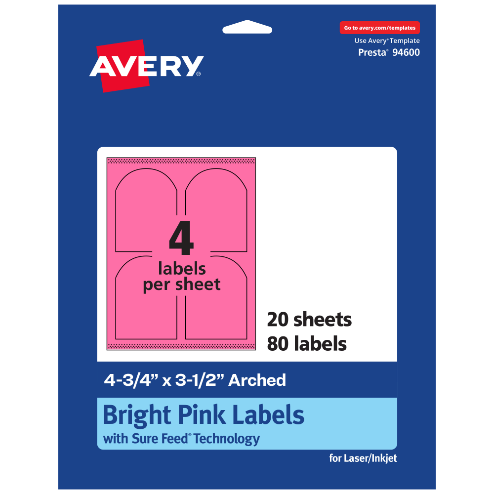 Avery Print-To-The-Edge Labels With Sure Feed Technology, 94600-BPP20, Arched, 4-3/4in x 3-1/2in, Matte Bright Pink, Pack of 80