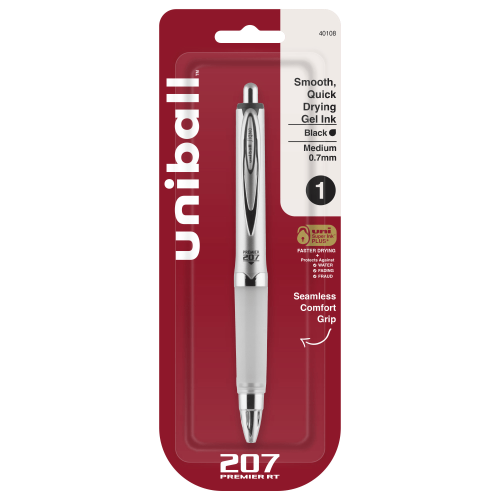 uni-ball 207 Premier Retractable Gel Pen, 0.7 mm, Medium Point, Silver Barrel, Black Ink