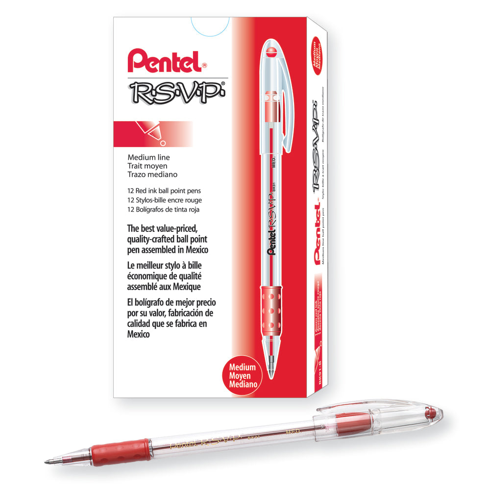 Pentel R.S.V.P. Ballpoint Pens, Medium Point, 1.0 mm, Clear Barrel, Red Ink, Pack Of 12